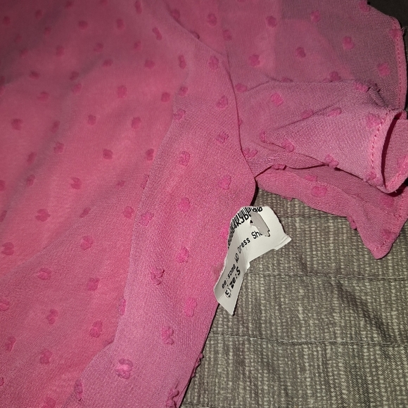 Eesome  Pink Swiss Dot Overlay Stretch Waist Ruffle Sleeve Dress Size Small - Picture 8 of 10